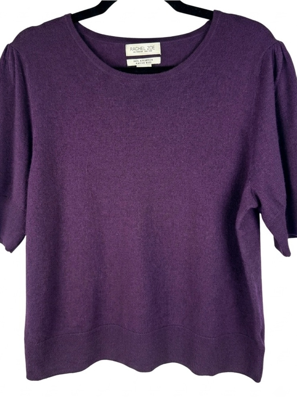 Rachel Zoe Extrafine Merino Wool Short Sleeve Sweater Purple XL Puff Sleeve